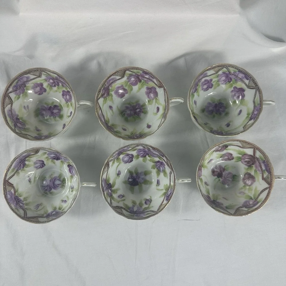 Antique‎ Nippon Hand Painted Teacup Saucer Duo Purple Rose Moriage 1911 Morimura